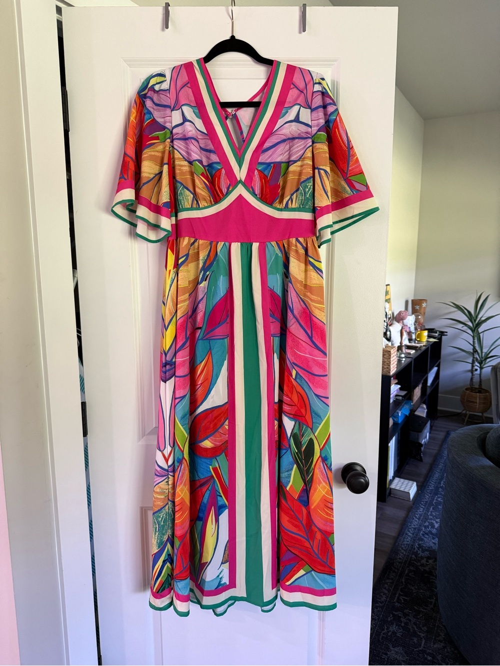SHEIN Pink Multi-Color Tropical Leaf Maxi Dress